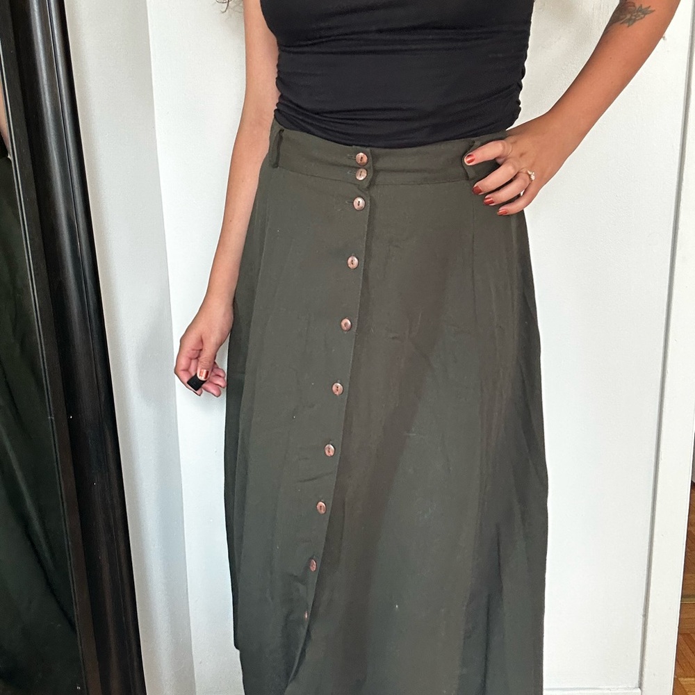 Vintage Olive Button-Down Midi Skirt